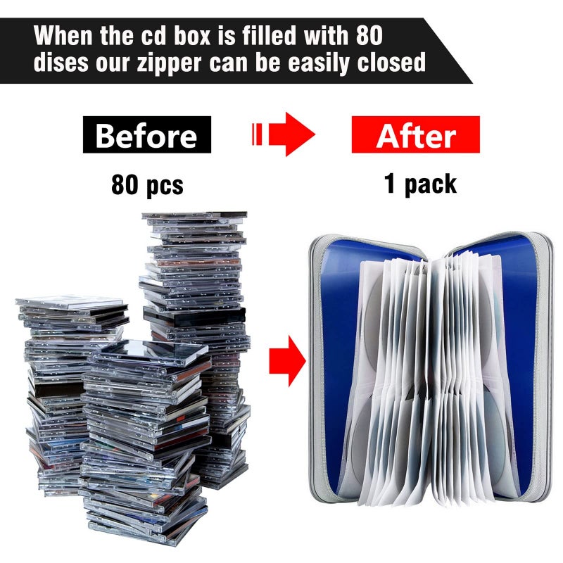 Siveit CD Case Holder, 80 Capacity CD/DVD Case Holders Wallet Hard Plastic CD DVD Disc Cases Storage Binder for Car Home Office Travel (Blue) - Image 4